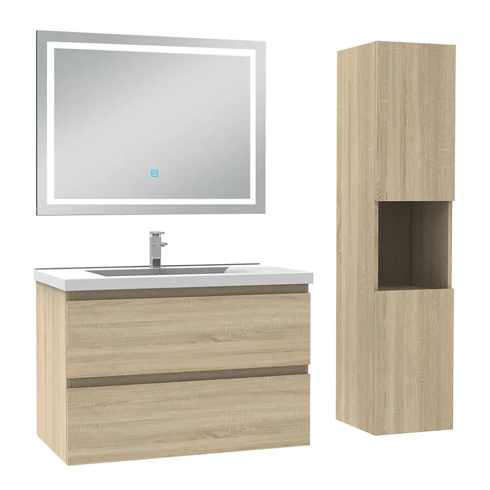 AICA Sanitaire Ensemble meuble salle de Bain 80cm avec colonne et miroir 3 couleurs Chêne Wotan