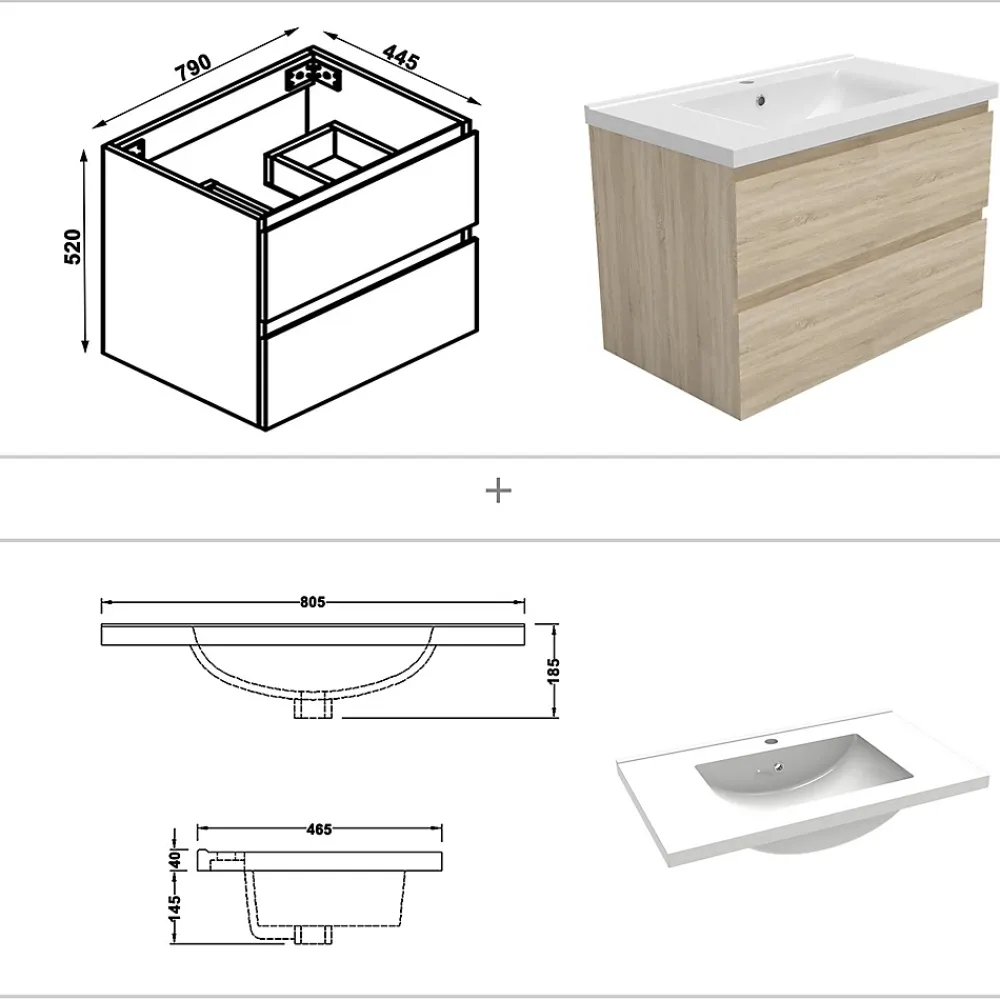 AICA Sanitaire Ensemble meuble salle de Bain 80cm avec colonne et miroir 3 couleurs Chêne Wotan