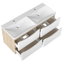 Meuble Vasque|AICA Sanitaire Ensemble Meuble Salle de Bain Suspendu 120cm, Blanc + Chêne, Moderne, Grand Tiroir,