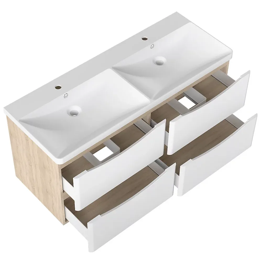 Meuble Vasque|AICA Sanitaire Ensemble Meuble Salle de Bain Suspendu 120cm, Blanc + Chêne, Moderne, Grand Tiroir,