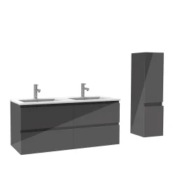 AICA Sanitaire Ensemble meuble salle de bain 120 cm anthracite brillant avec 4 tiroirs, double lavabo céramique + colonne, suspendu