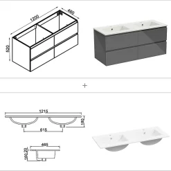 AICA Sanitaire Ensemble meuble salle de bain 120 cm anthracite brillant avec 4 tiroirs, double lavabo céramique + colonne, suspendu