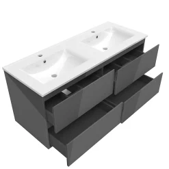 AICA Sanitaire Ensemble meuble salle de bain 120 cm anthracite brillant avec 4 tiroirs, double lavabo céramique + colonne, suspendu