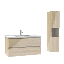 AICA Sanitaire Ensemble meuble salle de bain 100 cm Chêne Wotan brillant avec 2 tiroirs, lavabo céramique simple + colonne haute, suspendu