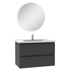 AICA Sanitaire Ensemble meuble Salle de Bain Anthracite 80cm simple vasque + miroir lumineux rond