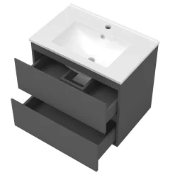 AICA Sanitaire Ensemble meuble Salle de Bain Anthracite 80cm simple vasque + miroir lumineux rond