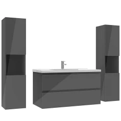 Ensemble Meuble De Salle De Bains|AICA Sanitaire Ensemble meuble salle de bain 100 cm anthracite brillant avec 2 tiroirs, lavabo céramique simple + colonne haute x2, suspendu