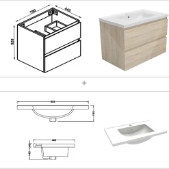 Ensemble Meuble De Salle De Bains|AICA Sanitaire Ensemble meuble salle de bain 80 cm Chêne Wotan brillant avec 2 tiroirs, lavabo céramique simple + colonne haute, suspendu