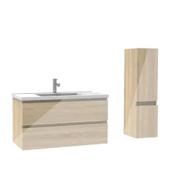 Ensemble Meuble De Salle De Bains|AICA Sanitaire Ensemble meuble salle de bain 100 cm Chêne Wotan brillant avec 2 tiroirs, lavabo céramique simple + colonne, suspendu