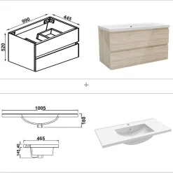 Ensemble Meuble De Salle De Bains|AICA Sanitaire Ensemble meuble salle de bain 100 cm Chêne Wotan brillant avec 2 tiroirs, lavabo céramique simple + colonne, suspendu