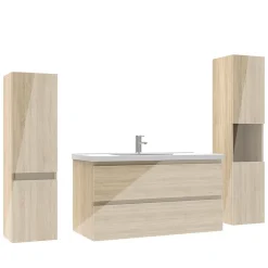 AICA Sanitaire Ensemble meuble salle de bain 100 cm Chêne Wotan brillant avec 2 tiroirs, lavabo céramique simple + deux colonnes, suspendu