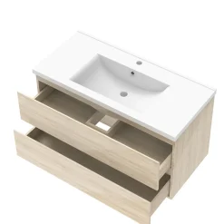 AICA Sanitaire Ensemble meuble salle de bain 100 cm Chêne Wotan brillant avec 2 tiroirs, lavabo céramique simple + deux colonnes, suspendu