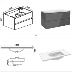 AICA Sanitaire Ensemble meuble salle de bain 100 cm anthracite brillant avec 2 tiroirs, lavabo céramique simple + deux colonnes, suspendu