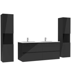 Ensemble Meuble De Salle De Bains|AICA Sanitaire Ensemble meuble salle de bain 120 cm noir brillant avec 4 tiroirs, double lavabo céramique + colonne haute x2, suspendu