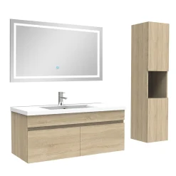 Ensemble Meuble De Salle De Bains|AICA Sanitaire Ensemble meuble salle de bain + vasque + miroir lumineux + colonne 100cm Chêne Wotan