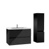 AICA Sanitaire Ensemble meuble salle de bain 80 cm noir brillant avec 2 tiroirs, lavabo céramique simple + colonne, suspendu