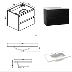 AICA Sanitaire Ensemble meuble salle de bain 80 cm noir brillant avec 2 tiroirs, lavabo céramique simple + colonne, suspendu