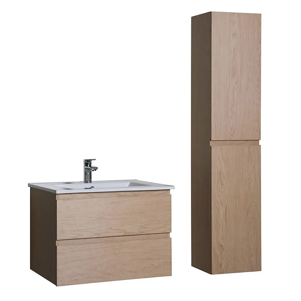 Ensemble Meuble De Salle De Bains|Mob-In Ensemble meuble simple vasque 60cm avec vasque et colonne SORRENTO Décor chêne