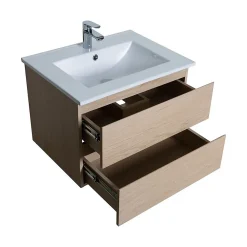 Ensemble Meuble De Salle De Bains|Mob-In Ensemble meuble simple vasque 60cm avec vasque et colonne SORRENTO Décor chêne