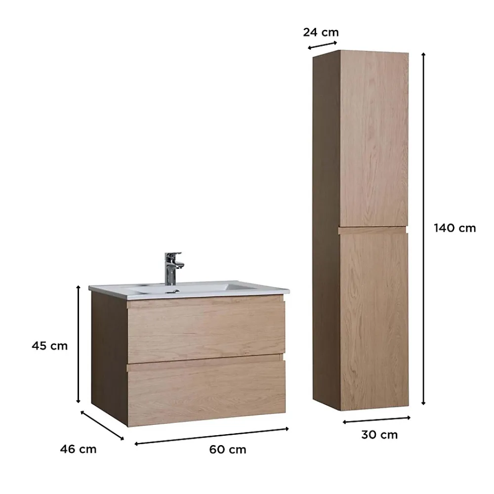 Ensemble Meuble De Salle De Bains|Mob-In Ensemble meuble simple vasque 60cm avec vasque et colonne SORRENTO Décor chêne