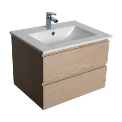 Ensemble Meuble De Salle De Bains|Mob-In Ensemble meuble simple vasque 60cm avec vasque et colonne SORRENTO Décor chêne