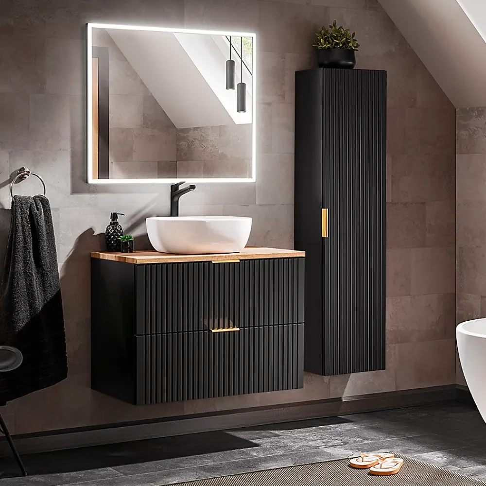 Ensemble Meuble De Salle De Bains|Petits-Meubles Ensemble meuble simple vasque 80cm et colonne Adriel Noir et Bois