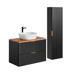 Ensemble Meuble De Salle De Bains|Petits-Meubles Ensemble meuble simple vasque 80cm et colonne Adriel Noir et Bois