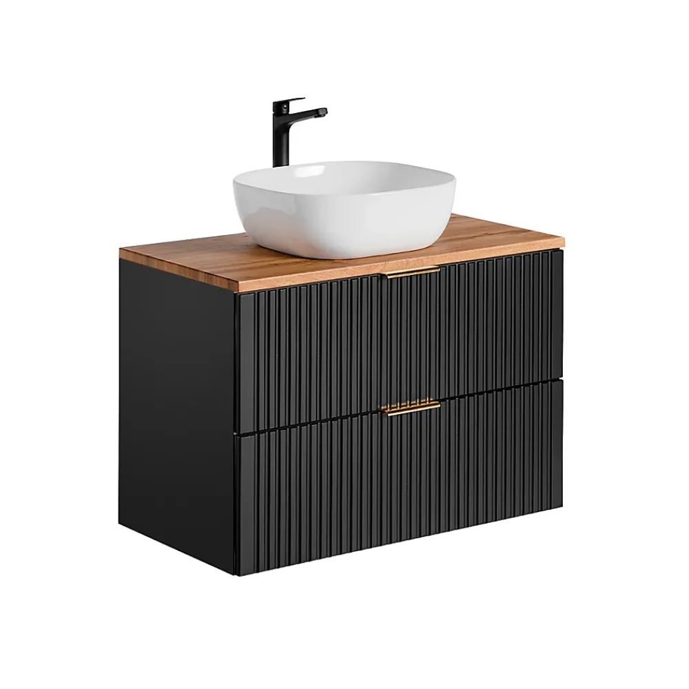 Ensemble Meuble De Salle De Bains|Petits-Meubles Ensemble meuble simple vasque 80cm et colonne Adriel Noir et Bois