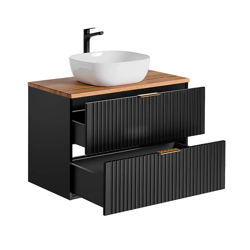 Ensemble Meuble De Salle De Bains|Petits-Meubles Ensemble meuble simple vasque 80cm et colonne Adriel Noir et Bois