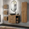 Ensemble Meuble De Salle De Bains|Petits-Meubles Ensemble meuble simple vasque 80cm 2 niches miroir LED colonne et 3 armoires murales Gaia Bois et Noir - Vasque Noir