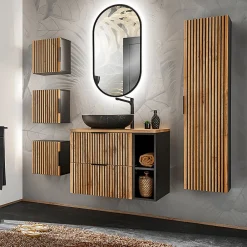Ensemble Meuble De Salle De Bains|Petits-Meubles Ensemble meuble simple vasque 80cm 2 niches miroir LED colonne et 3 armoires murales Gaia Bois et Noir - Vasque Noir