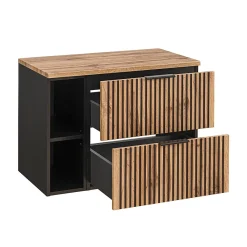 Ensemble Meuble De Salle De Bains|Petits-Meubles Ensemble meuble simple vasque 80cm 2 niches miroir LED colonne et 3 armoires murales Gaia Bois et Noir - Vasque Noir