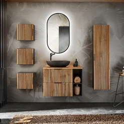 Ensemble Meuble De Salle De Bains|Petits-Meubles Ensemble meuble simple vasque 80cm 2 niches miroir LED colonne et 3 armoires murales Gaia Bois et Noir - Vasque Noir