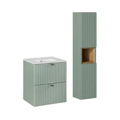 Petits-Meubles Ensemble meuble simple vasque encastree 50cm 2 tiroirs et colonne Jade Vert et Bois