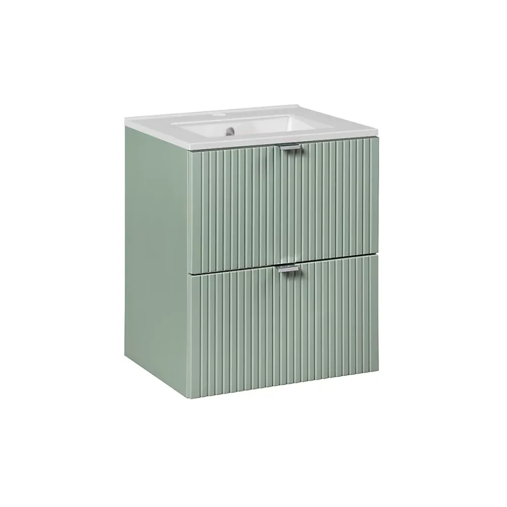 Petits-Meubles Ensemble meuble simple vasque encastree 50cm 2 tiroirs et colonne Jade Vert et Bois