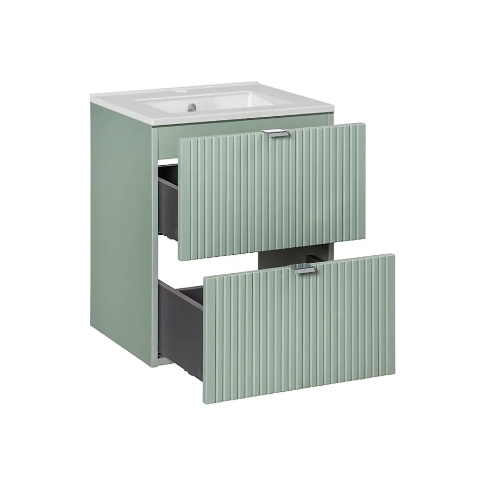 Petits-Meubles Ensemble meuble simple vasque encastree 50cm 2 tiroirs et colonne Jade Vert et Bois