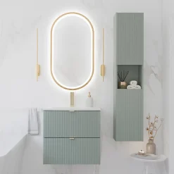Petits-Meubles Ensemble meuble simple vasque encastree 50cm 2 tiroirs et colonne Jade Vert et Bois
