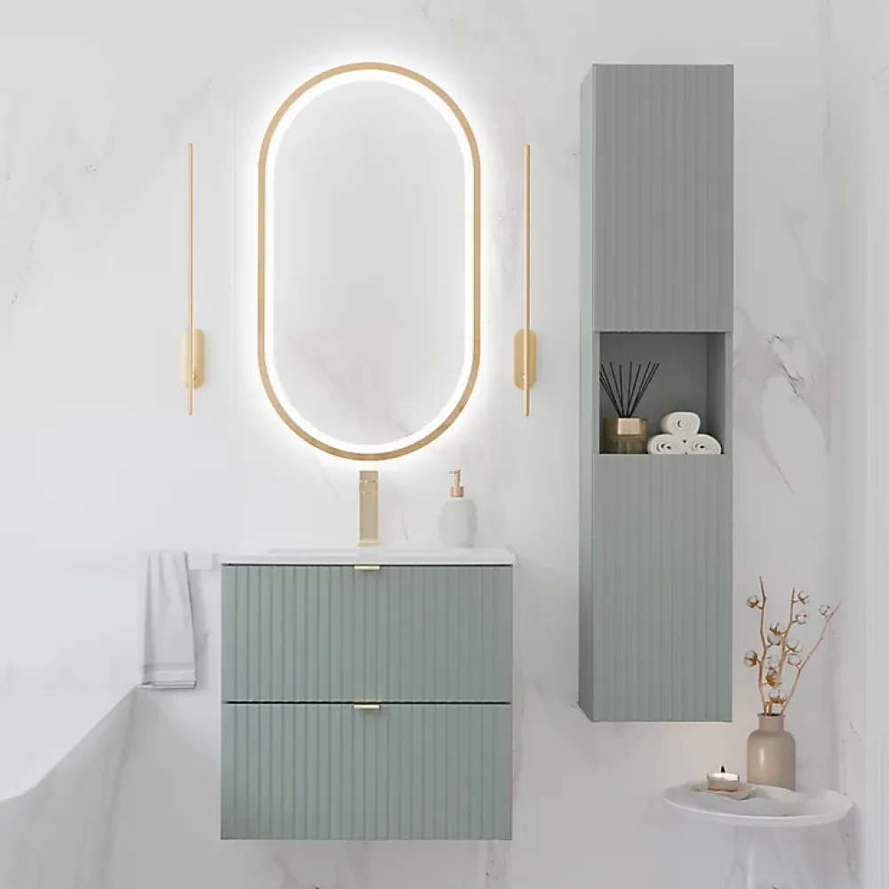 Petits-Meubles Ensemble meuble simple vasque encastree 50cm 2 tiroirs et colonne Jade Vert et Bois