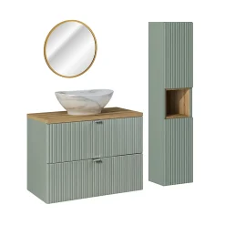 Ensemble Meuble De Salle De Bains|Petits-Meubles Ensemble meuble simple vasque 80cm 2 tiroirs miroir LED et colonne Jade Vert et Bois