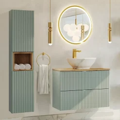 Ensemble Meuble De Salle De Bains|Petits-Meubles Ensemble meuble simple vasque 80cm 2 tiroirs et colonne Jade Vert et Bois