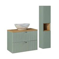 Ensemble Meuble De Salle De Bains|Petits-Meubles Ensemble meuble simple vasque 80cm 2 tiroirs et colonne Jade Vert et Bois