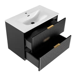 Ensemble Meuble De Salle De Bains|Petits-Meubles Ensemble meuble simple vasque encastree 80cm miroir LED et colonne Adriel Noir