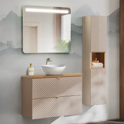 Petits-Meubles Ensemble meuble simple vasque 80cm 2 tiroirs et colonne Manoa Cachemire et Bois