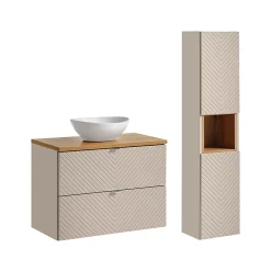 Petits-Meubles Ensemble meuble simple vasque 80cm 2 tiroirs et colonne Manoa Cachemire et Bois