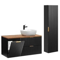 Petits-Meubles Ensemble meuble simple vasque 120cm panier à linge et colonne Adriel Noir et Bois