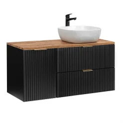 Petits-Meubles Ensemble meuble simple vasque 120cm panier à linge et colonne Adriel Noir et Bois