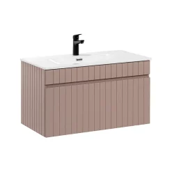 Ensemble Meuble De Salle De Bains|Petits-Meubles Ensemble meuble simple vasque encastree 80cm et colonne Zelie Rose