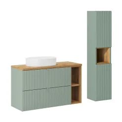 Ensemble Meuble De Salle De Bains|Petits-Meubles Ensemble meuble simple vasque 100cm 2 tiroirs 2 niches et colonne Jade Vert et Bois