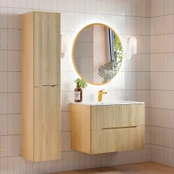 Petits-Meubles Ensemble meuble simple vasque encastree 80cm et colonne Isaline Bois