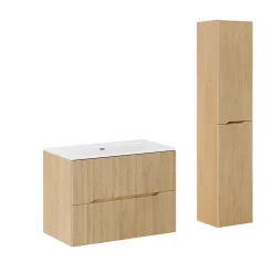 Petits-Meubles Ensemble meuble simple vasque encastree 80cm et colonne Isaline Bois